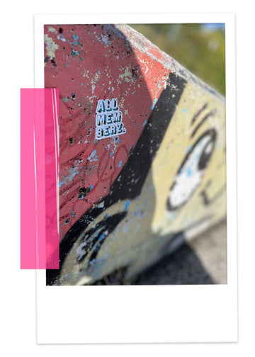 mur dans un skatepark avec graffitis colorés et sticker Allmemberz