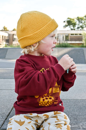 petit garçon de deux ans assis dans un skatepark, portant un sweat cool pour enfant couleur bordeaux à motif et un bonnet jaune moutarde