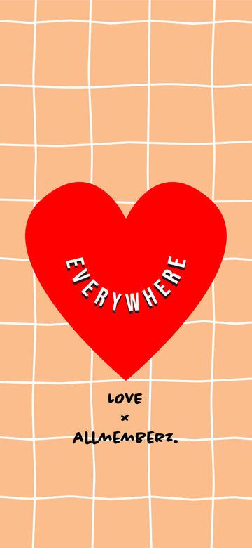 fond d'écran gratuit à télécharger graphisme cool Love Everywhere coeur rouge Saint Valentin par Allmemberz, fond carreaux couleur pêche