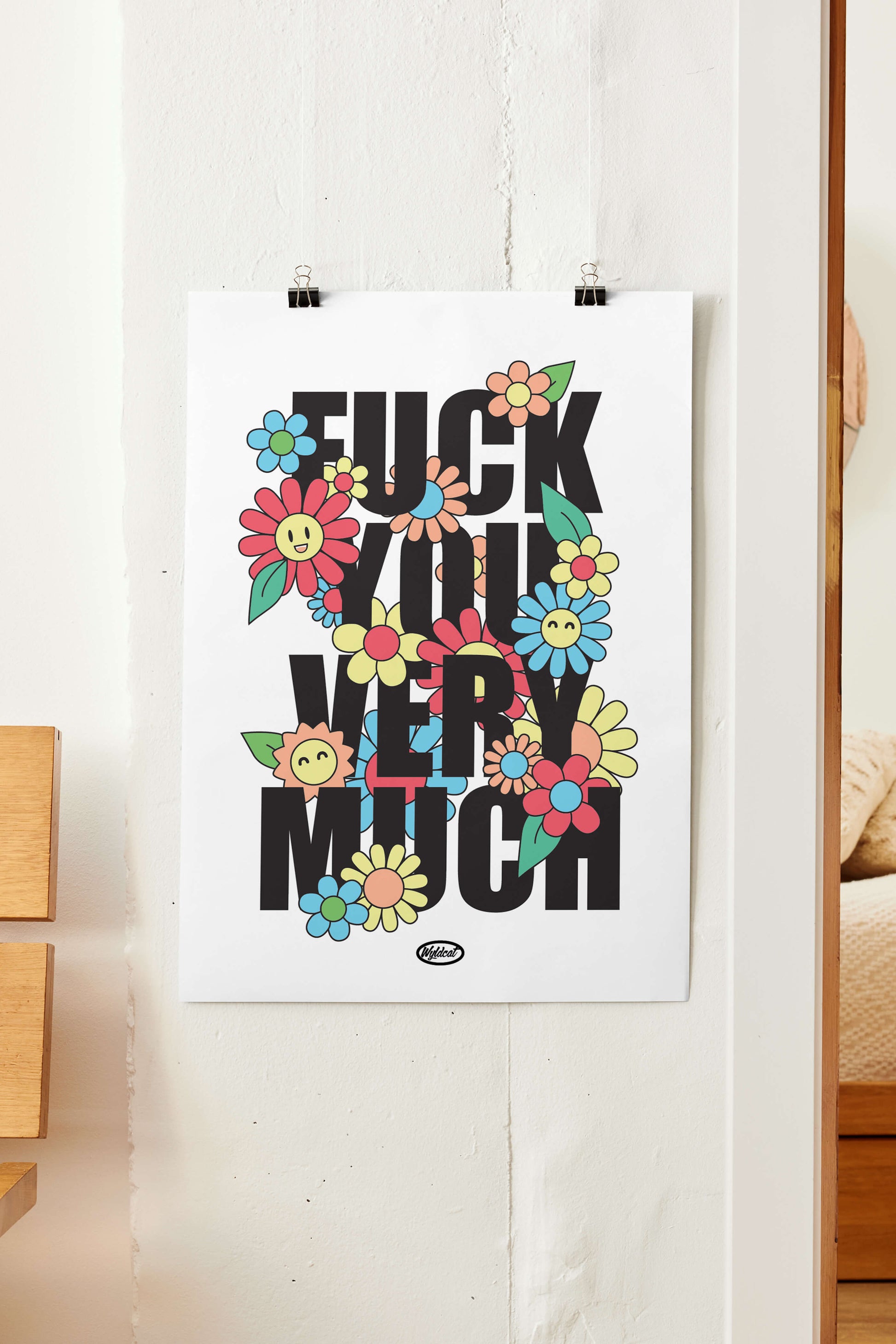 affiche format A3 typographie message explicite fuck you very much et fleurs colorées kawaii, sur fond blanc