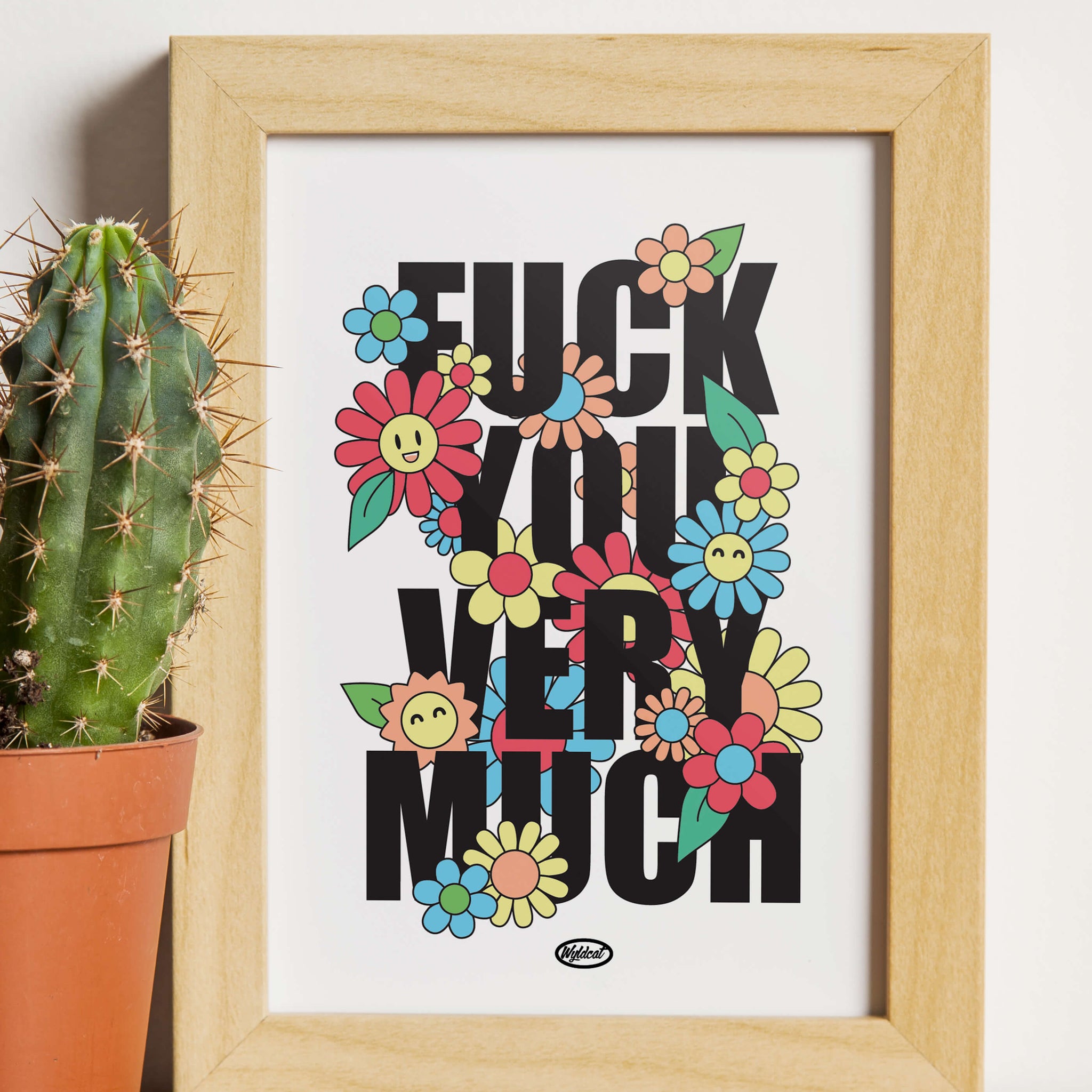 affiche format A4 typographie message explicite fuck you very much et fleurs colorées kawaii, sur fond blanc
