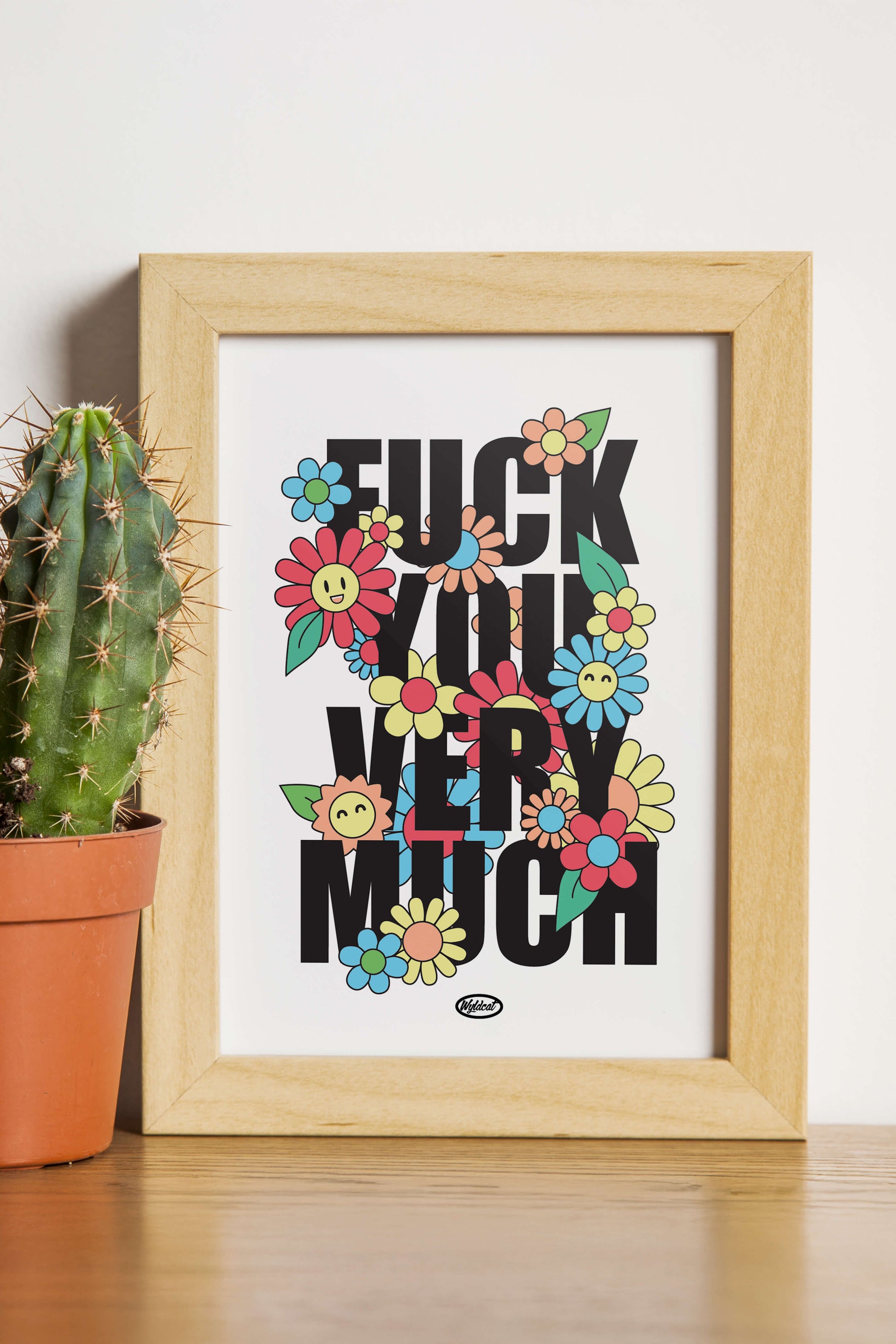 affiche format A4 typographie message explicite fuck you very much et fleurs colorées kawaii, sur fond blanc