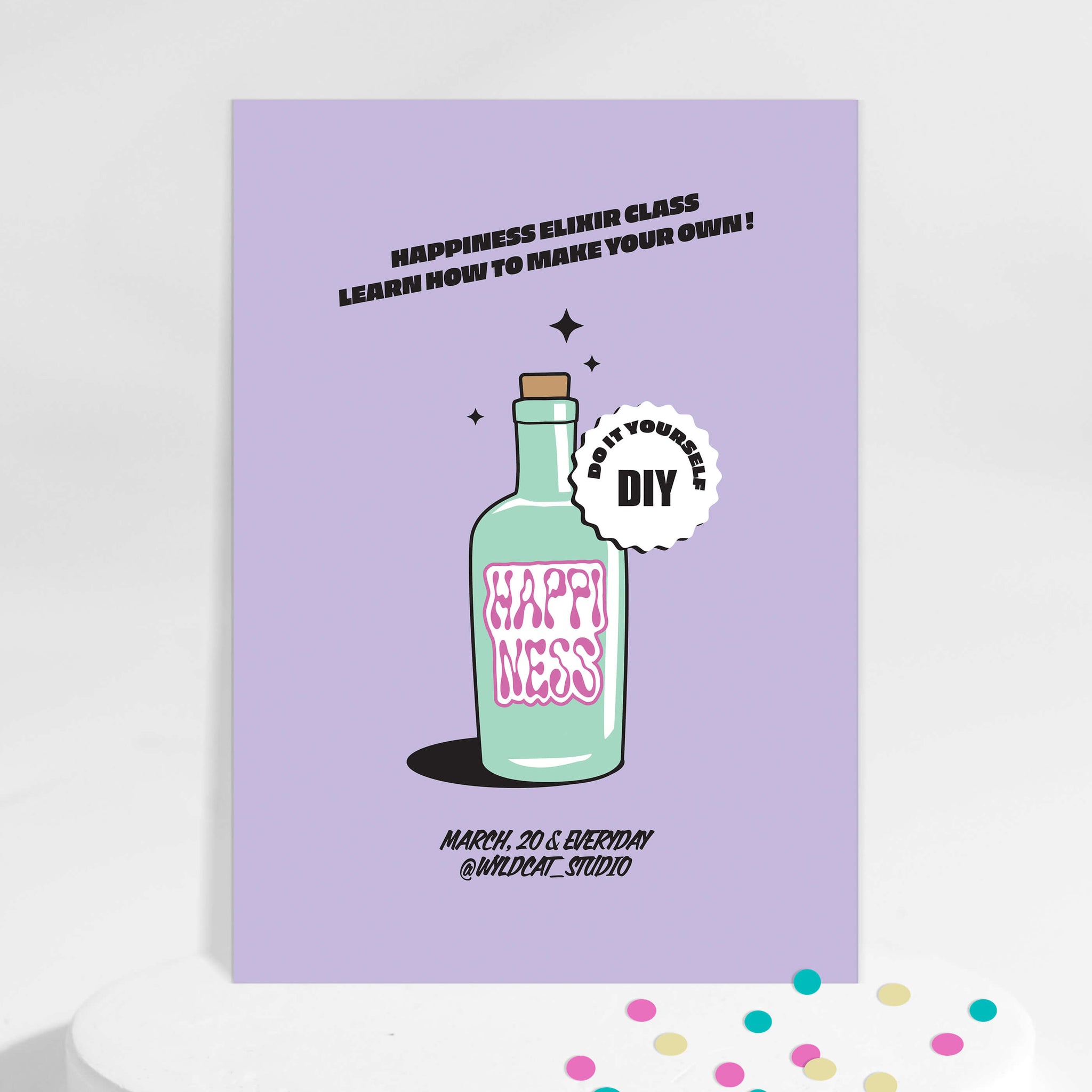 affiche format A4 couleur lilas, message positif Happiness Elixir design flacon rétro