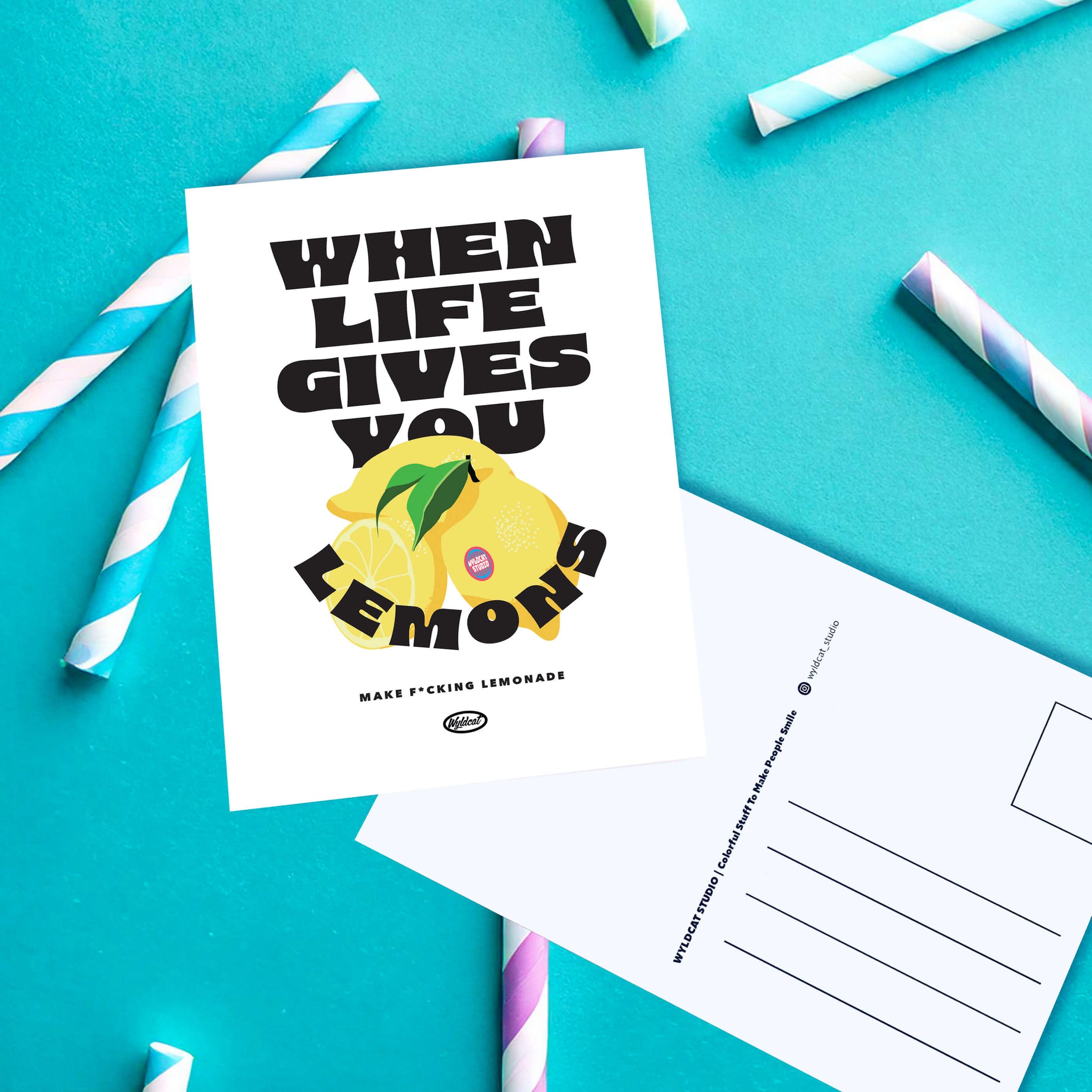 carte postale style rétro fond blanc, illustration citrons limonade message positif