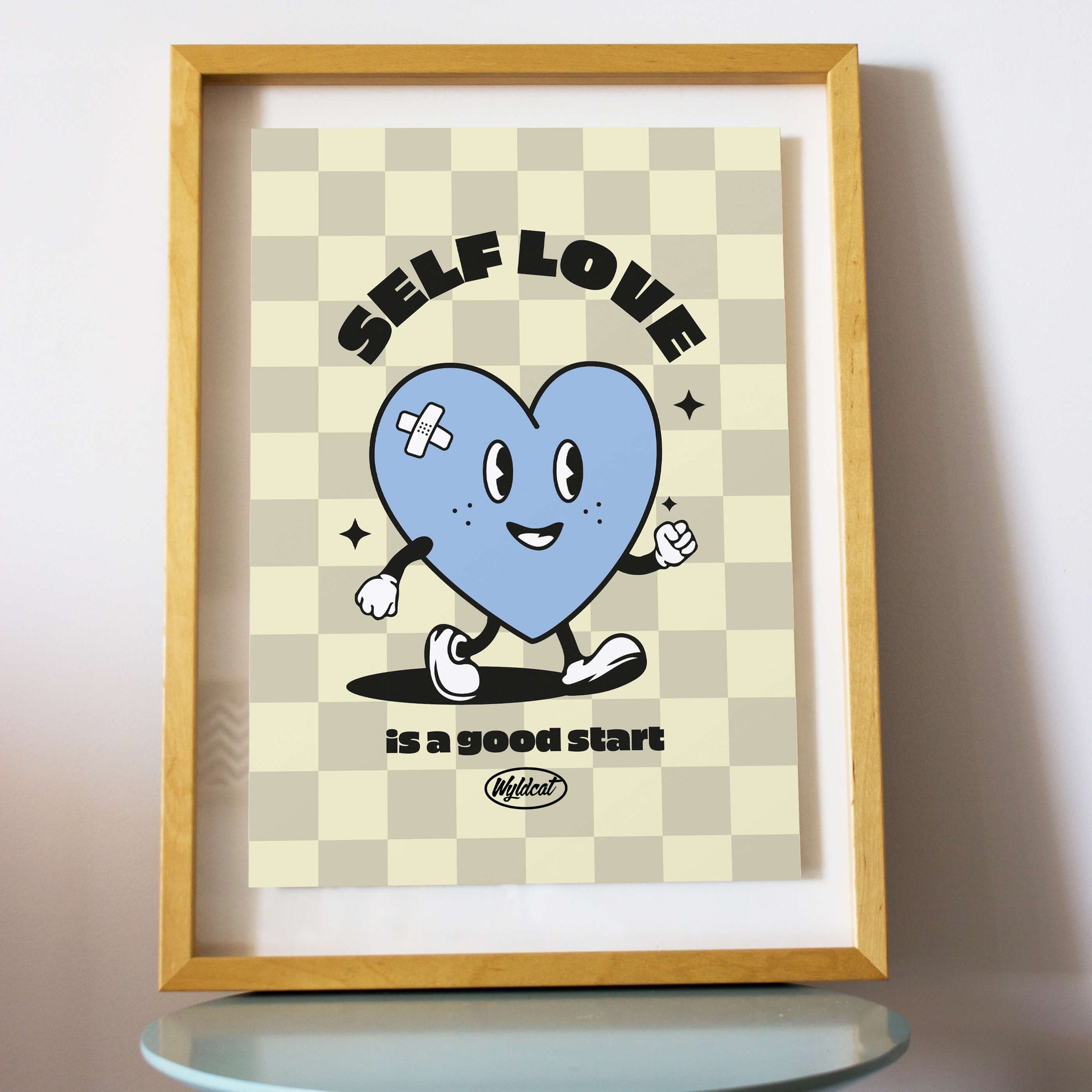 affiche format A3 damier jaune coeur bleu self love message positif good vibes