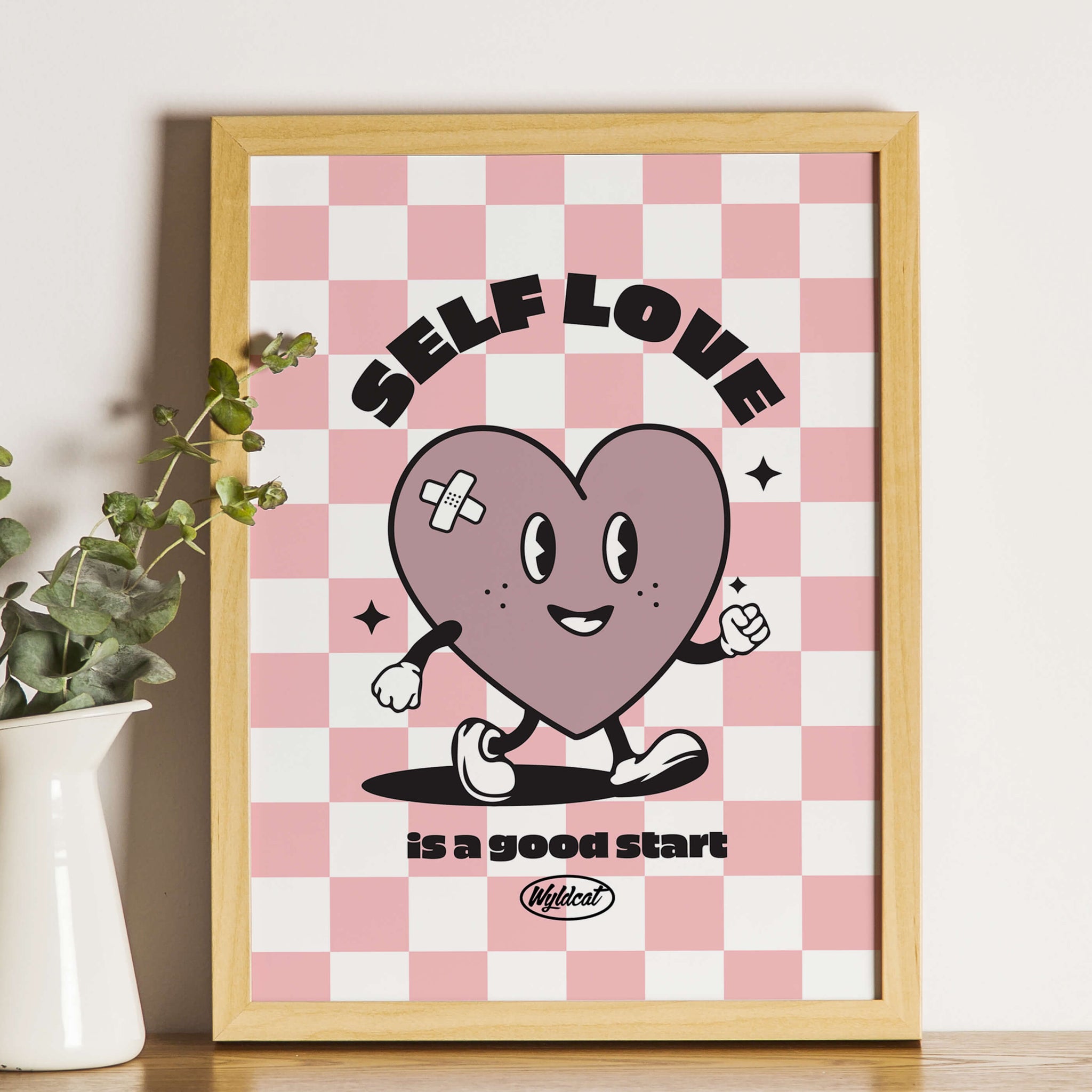 affiche format A4 damier rose coeur rose self love message positif good vibes