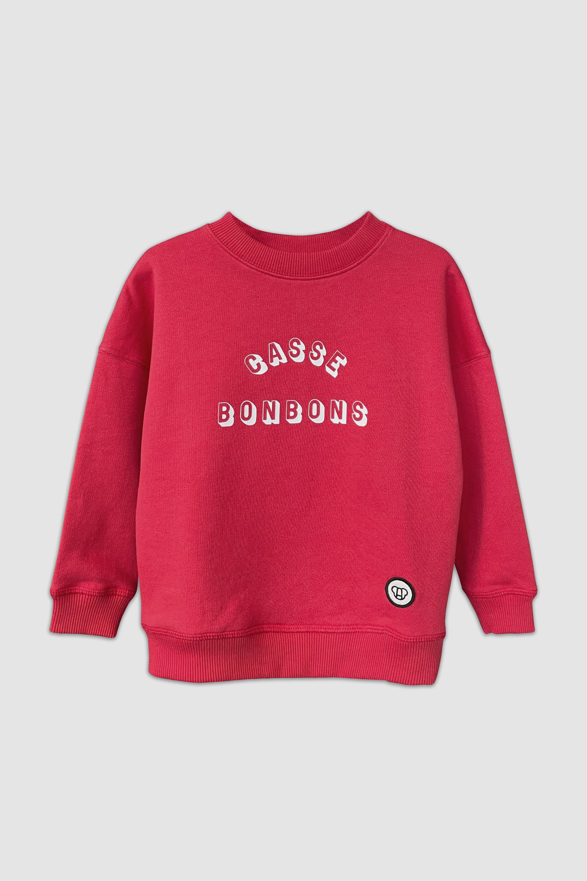 sweat streetwear cool pour enfant, rouge cerise, unisexe, coupe oversize en coton bio, motif imprimé Casse Bonbons