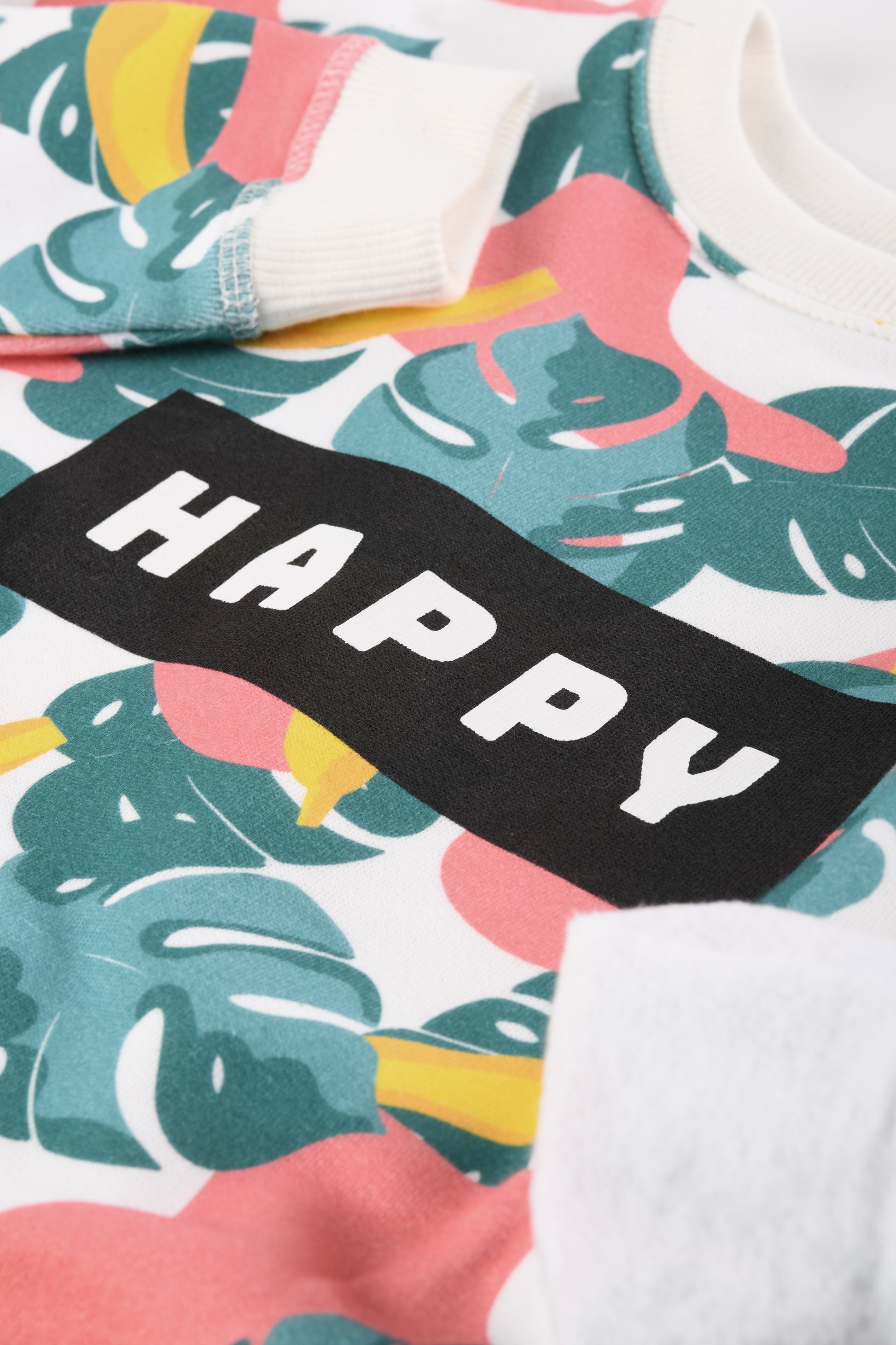 sweat streetwear skate cool pour enfant, coupe unisexe oversize en coton bio, motif imprimé Happy tropical coloré, motif bananes, tissu molleton gratté à l'intérieur très doux