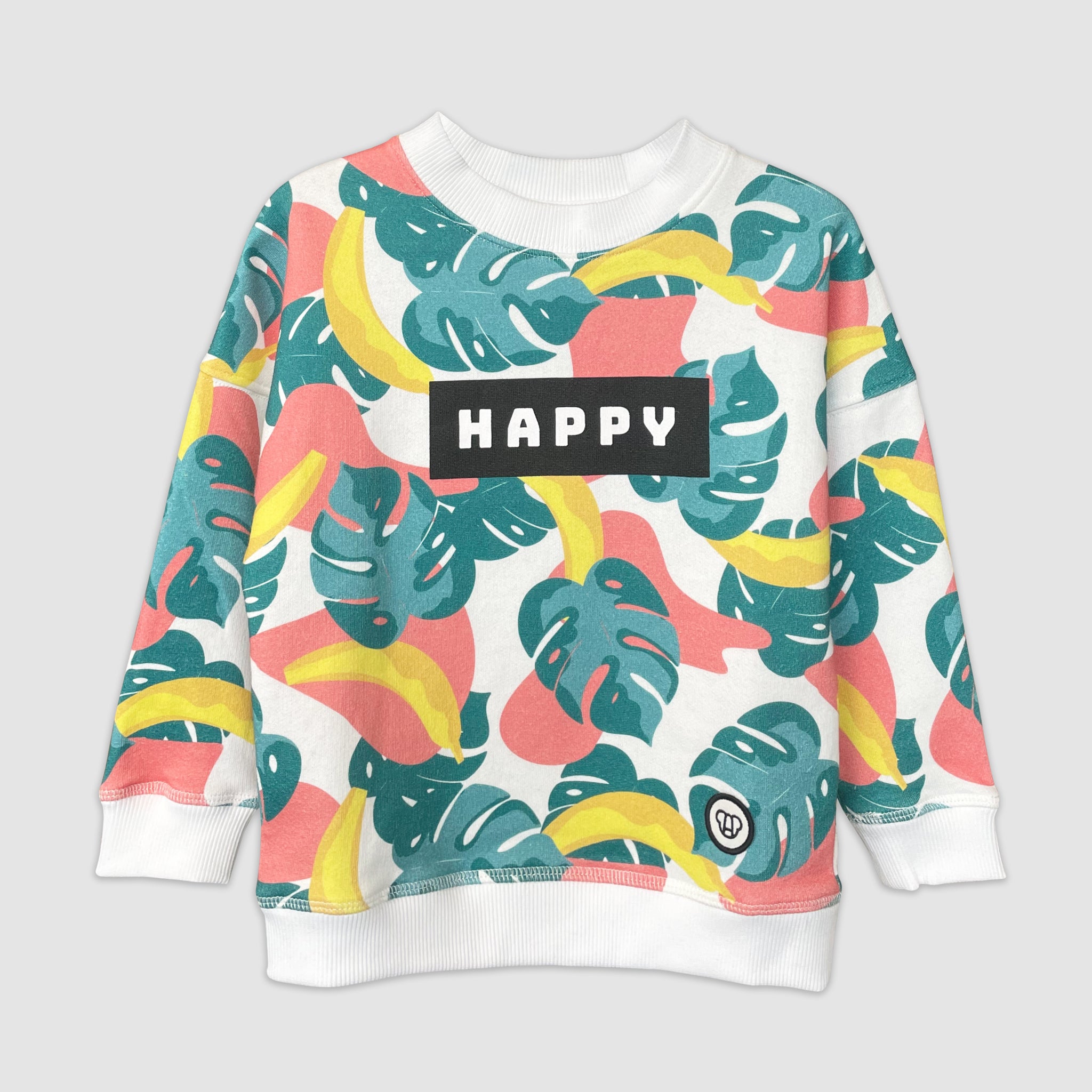 Sweat look streetwear cool et coloré pour enfant, unisexe, coupe oversize, en coton bio motif tropical Happy, feuilles et bananes