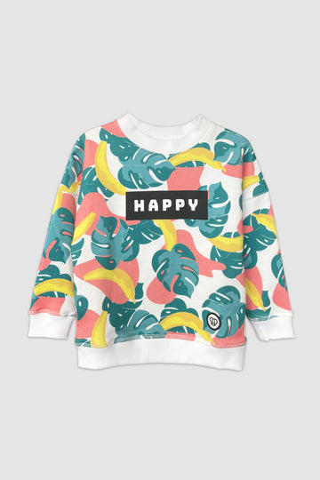 Sweat look streetwear cool et coloré pour enfant, unisexe, coupe oversize, en coton bio motif tropical Happy, feuilles et bananes