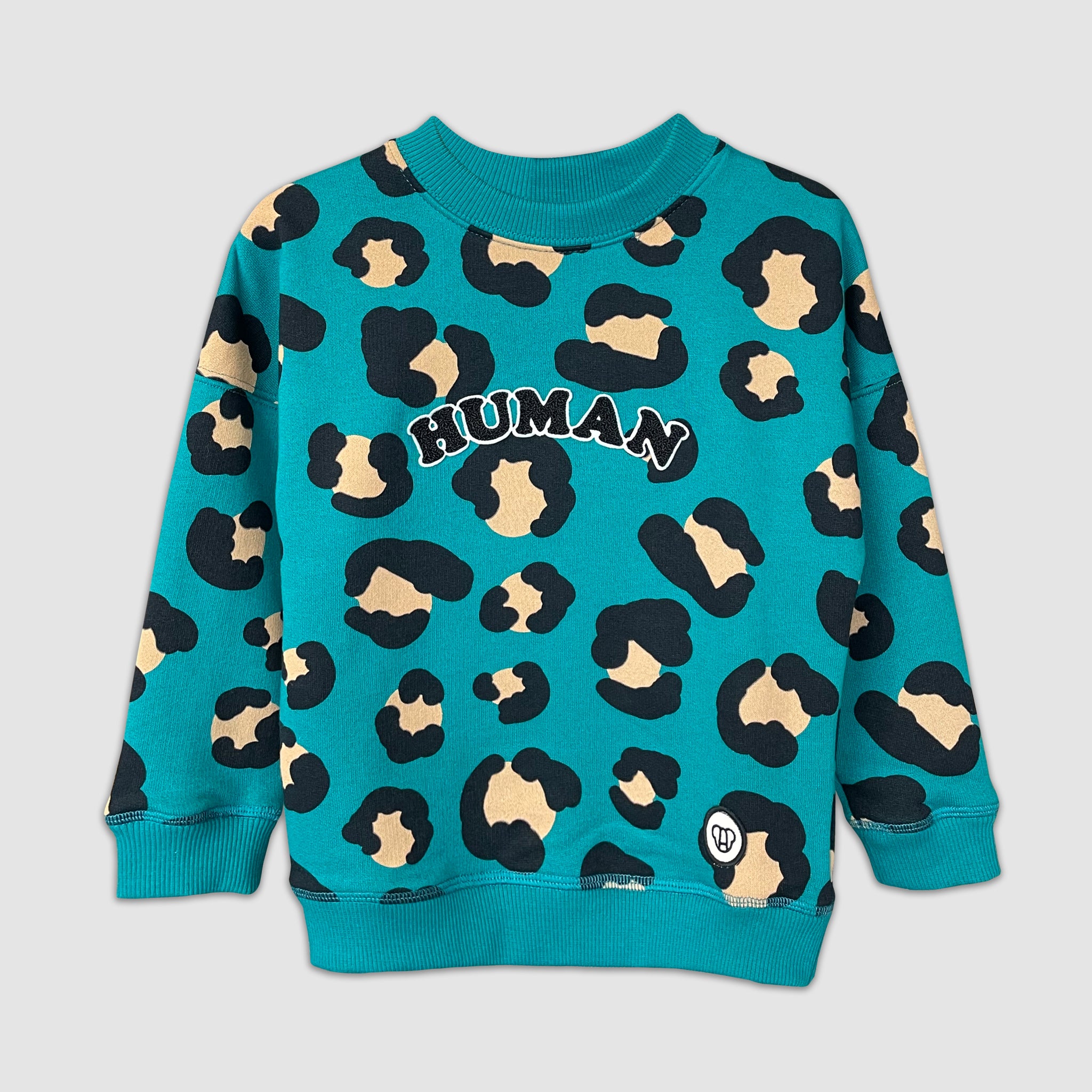 sweat streetwear cool pour enfant, unisexe, coupe oversize en coton bio, motif imprimé léopard fond bleu vert