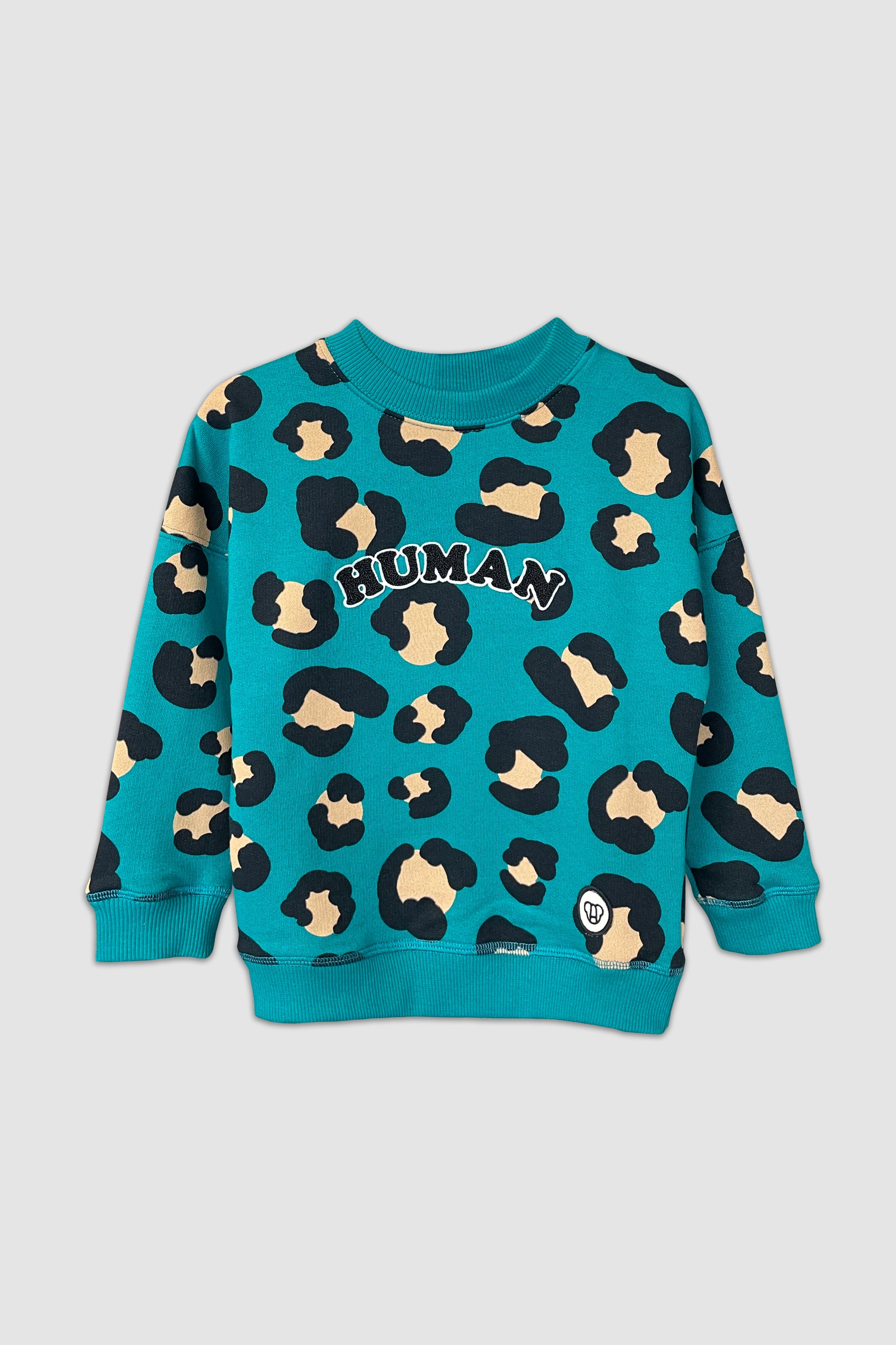 sweat streetwear cool pour enfant, unisexe, coupe oversize en coton bio, motif imprimé léopard fond bleu vert