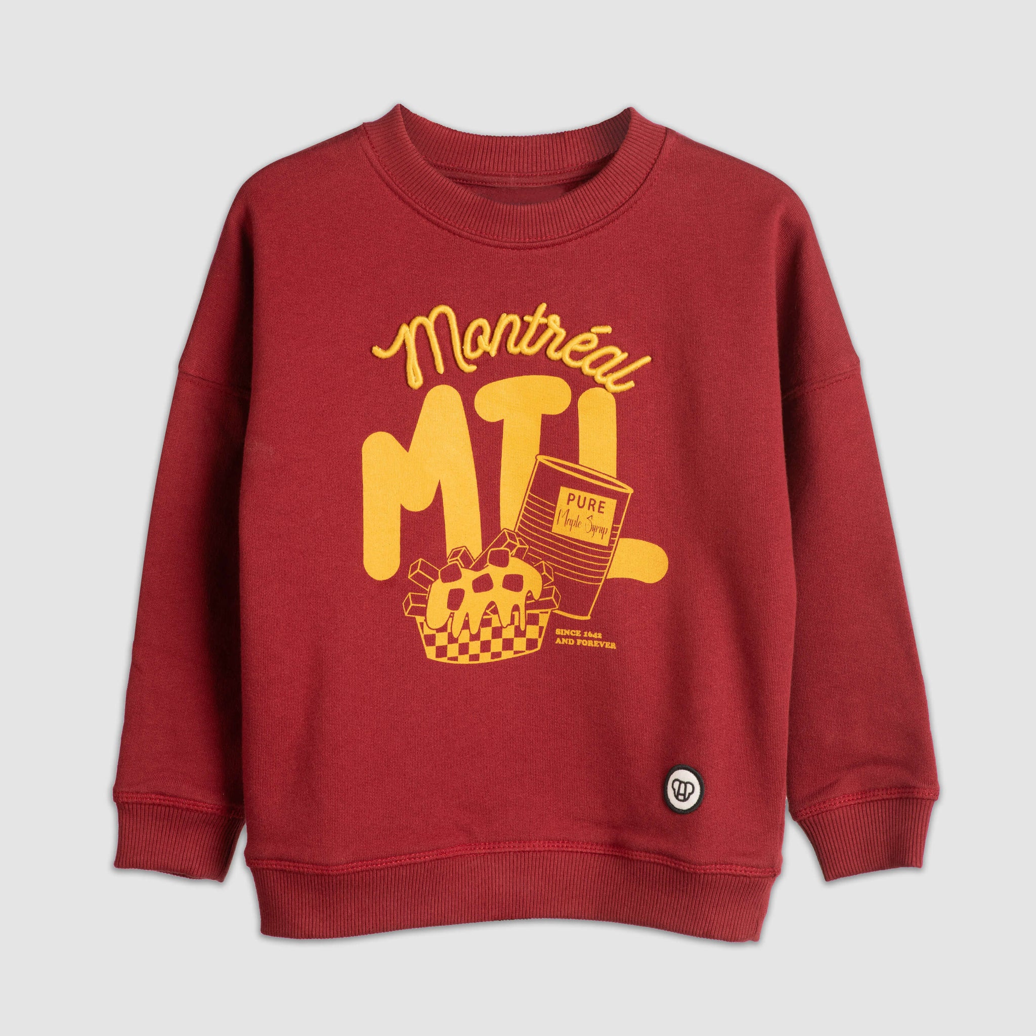 sweat streetwear cool pour enfant, unisexe, en coton bio, motif imprimé Montréal sur fond bordeaux, broderie en relief