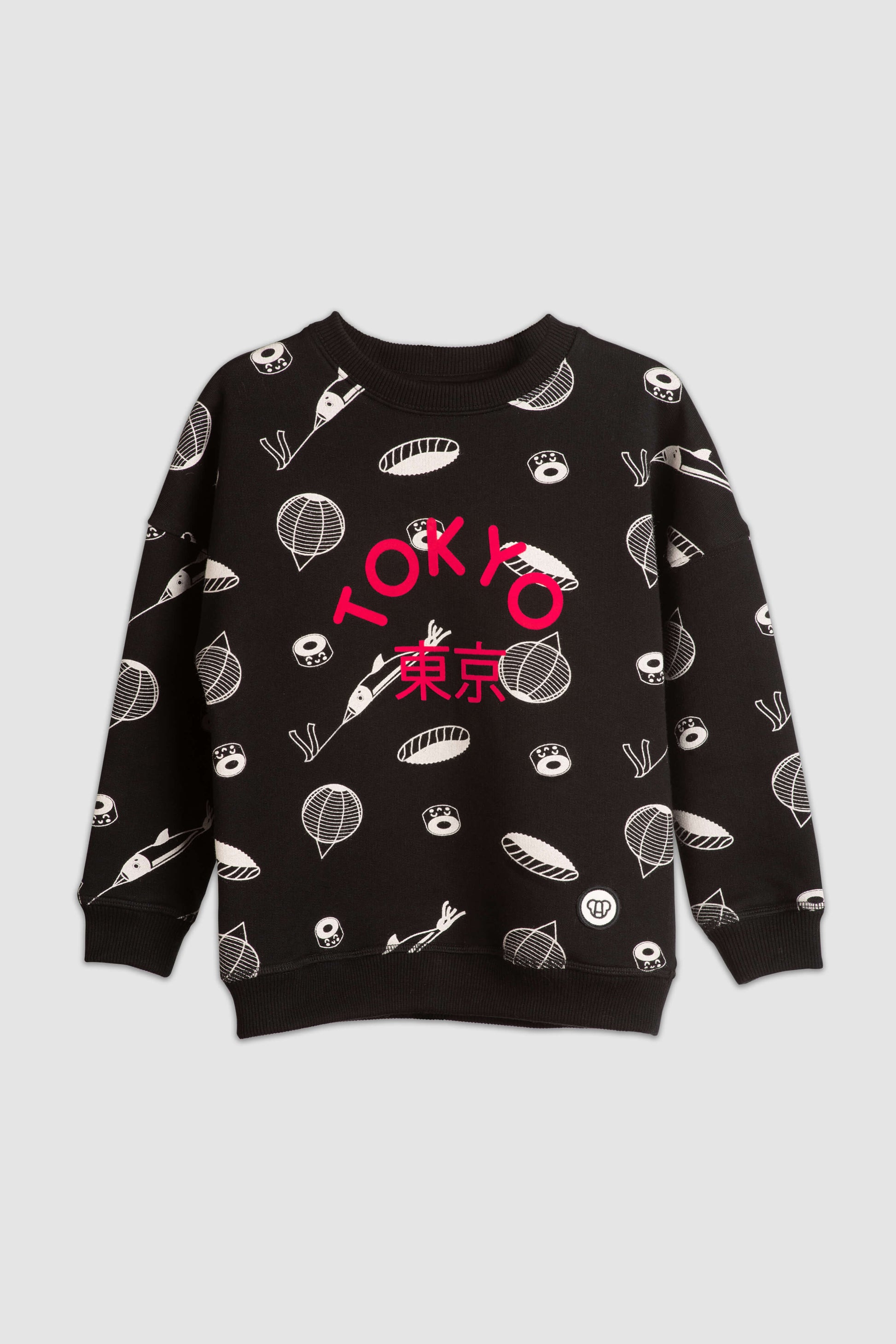 sweat streetwear cool pour enfant, unisexe, en coton bio, motif imprimé Tokyo sur fond noir, dessins de sushi kawaii style manga, flocage velours