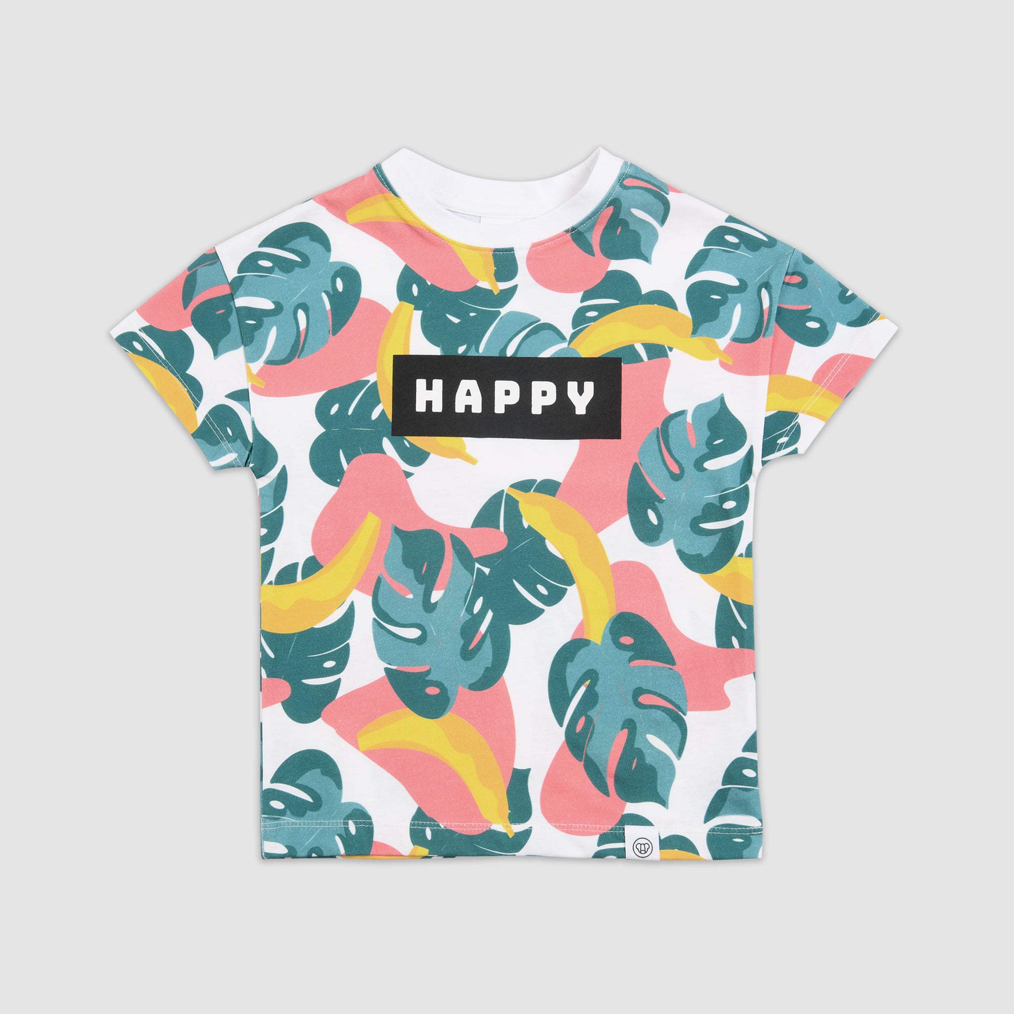 t-shirt streetwear pour enfant, en coton bio, coupe oversize unisexe, motif cool imprimé Happy tropical coloré, tissu doux