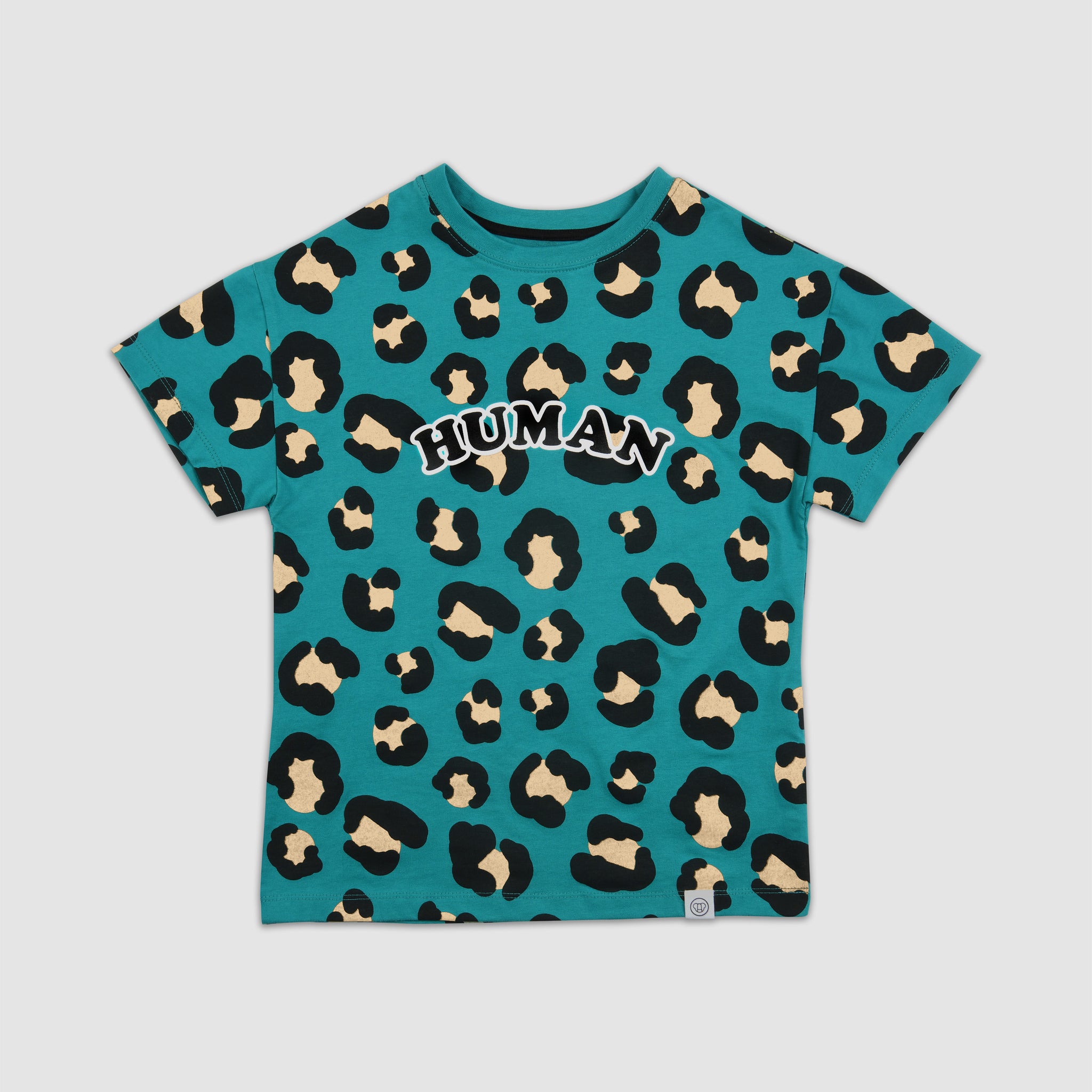 T-shirt streetwear cool pour enfant, coupe oversize unisexe en coton biologique, motif imprimé léopard fond vert bleu